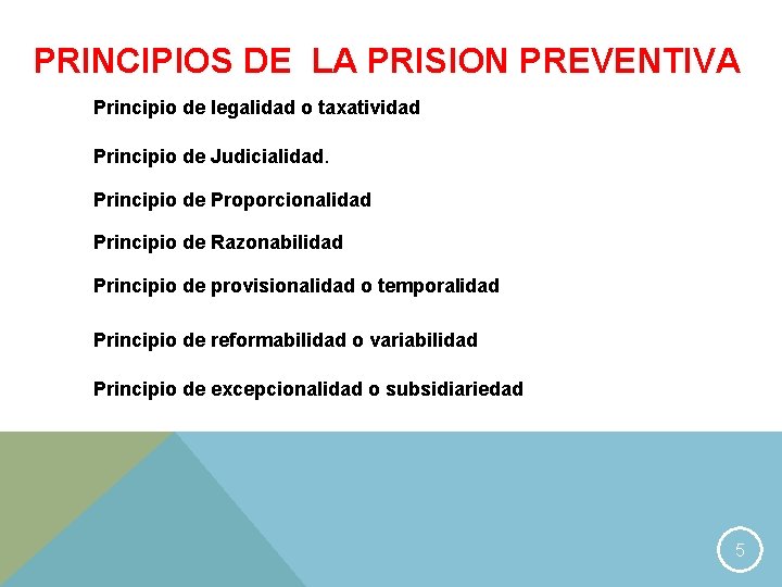 PRINCIPIOS DE LA PRISION PREVENTIVA Principio de legalidad o taxatividad Principio de Judicialidad. Principio