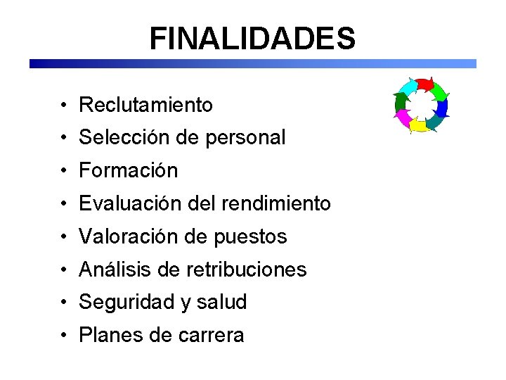 FINALIDADES • Reclutamiento • Selección de personal • Formación • Evaluación del rendimiento •