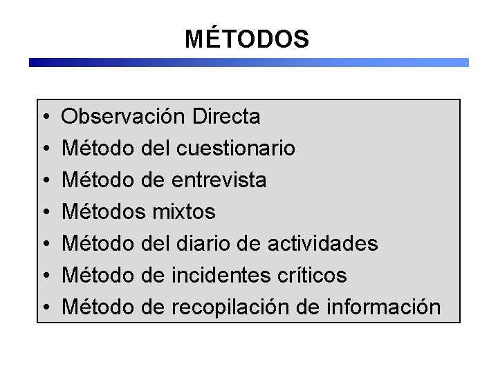 MÉTODOS • • Observación Directa Método del cuestionario Método de entrevista Métodos mixtos Método