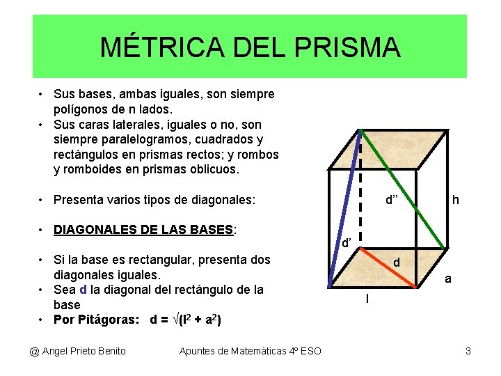MÉTRICA DEL PRISMA • Sus bases, ambas iguales, son siempre polígonos de n lados.