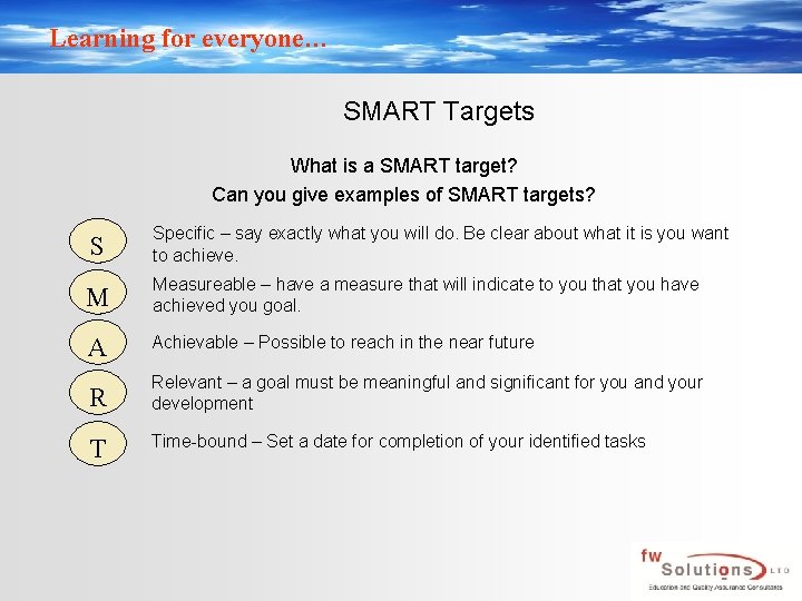Learning for everyone… SMART Targets What is a SMART target? Can you give examples