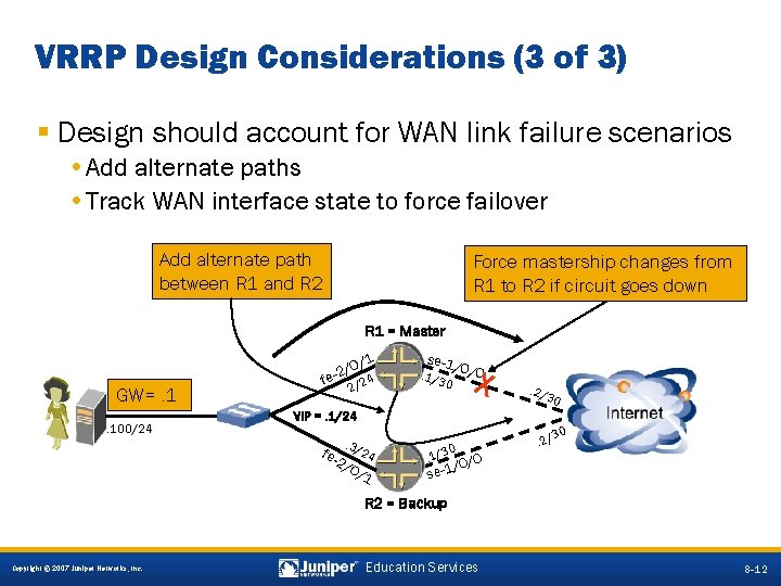 VRRP Design Considerations (3 of 3) § Design should account for WAN link failure