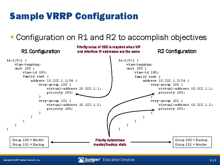 Sample VRRP Configuration § Configuration on R 1 and R 2 to accomplish objectives