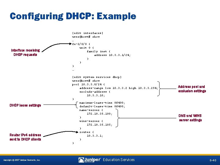 Configuring DHCP: Example Interface receiving DHCP requests DHCP lease settings Router IPv 4 address