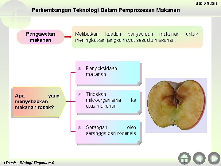 Bab 6 Nutrisi Perkembangan Teknologi Dalam Pemprosesan Makanan Pengawetan makanan Melibatkan kaedah penyediaan makanan