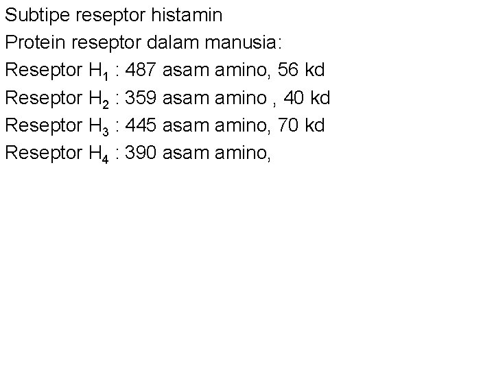 Subtipe reseptor histamin Protein reseptor dalam manusia: Reseptor H 1 : 487 asam amino, Subtipe reseptor histamin Protein reseptor dalam manusia: Reseptor H 1 : 487 asam amino,