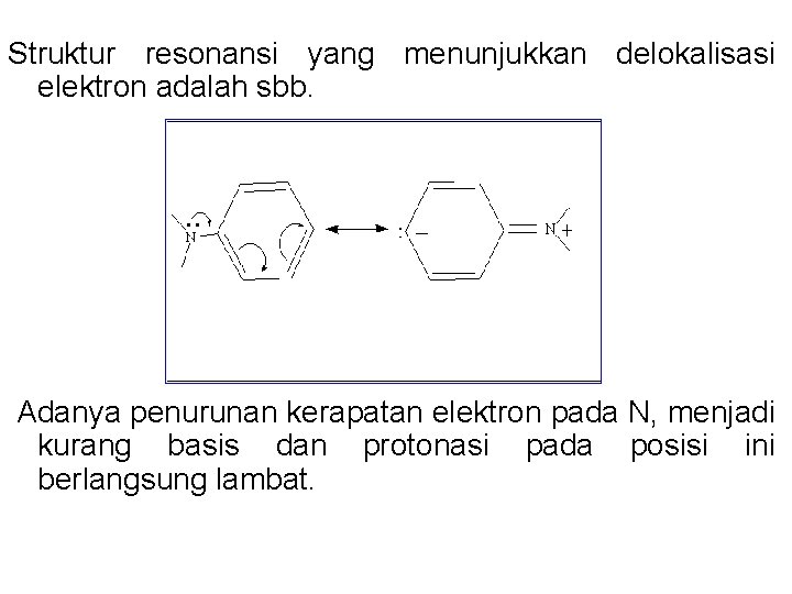 Struktur resonansi yang menunjukkan delokalisasi elektron adalah sbb. Adanya penurunan kerapatan elektron pada N, Struktur resonansi yang menunjukkan delokalisasi elektron adalah sbb. Adanya penurunan kerapatan elektron pada N,