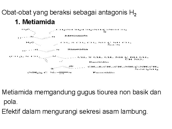 Obat-obat yang beraksi sebagai antagonis H 2 1. Metiamida memgandung gugus tiourea non basik Obat-obat yang beraksi sebagai antagonis H 2 1. Metiamida memgandung gugus tiourea non basik