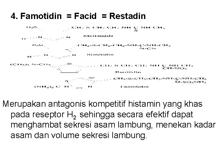 4. Famotidin = Facid = Restadin Merupakan antagonis kompetitif histamin yang khas pada reseptor 4. Famotidin = Facid = Restadin Merupakan antagonis kompetitif histamin yang khas pada reseptor