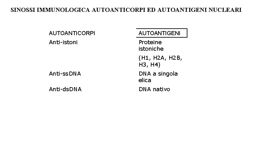 SINOSSI IMMUNOLOGICA AUTOANTICORPI ED AUTOANTIGENI NUCLEARI AUTOANTICORPI AUTOANTIGENI Anti-istoni Proteine istoniche (H 1, H