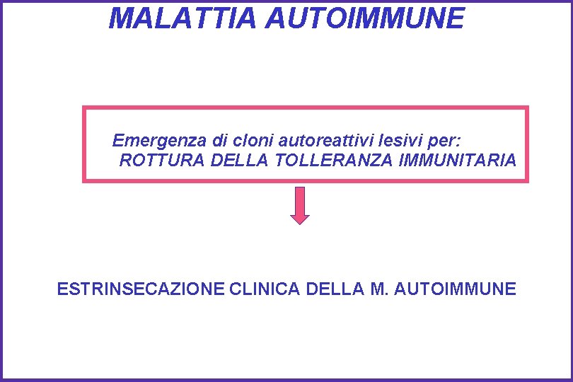 MALATTIA AUTOIMMUNE Emergenza di cloni autoreattivi lesivi per: ROTTURA DELLA TOLLERANZA IMMUNITARIA ESTRINSECAZIONE CLINICA