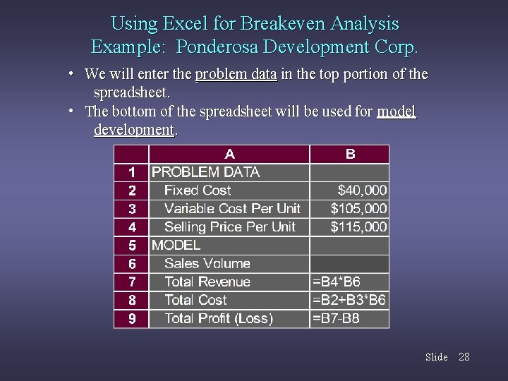 Using Excel for Breakeven Analysis Example: Ponderosa Development Corp. • We will enter the