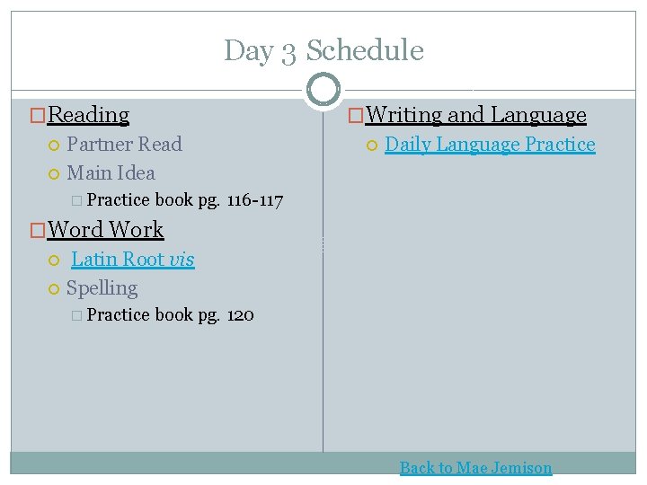 Day 3 Schedule �Reading Partner Read Main Idea � Practice �Writing and Language Daily