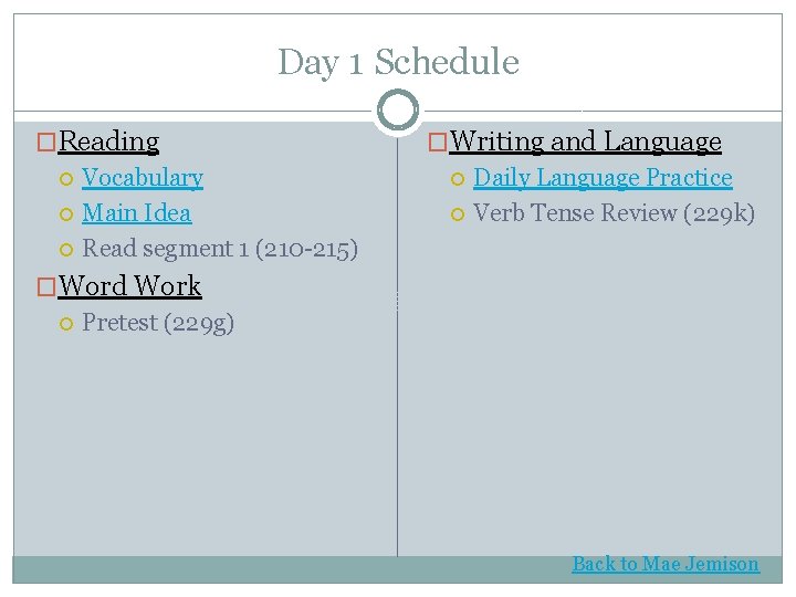 Day 1 Schedule �Reading Vocabulary Main Idea Read segment 1 (210 -215) �Writing and