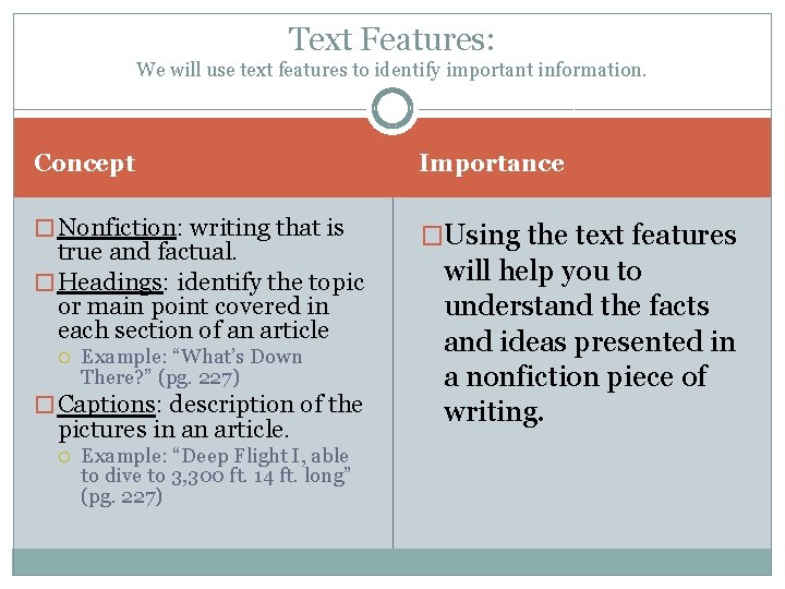Text Features: We will use text features to identify important information. Concept Importance �