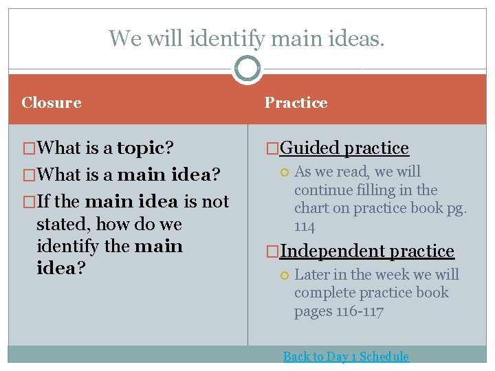 We will identify main ideas. Closure Practice �What is a topic? �Guided practice �What We will identify main ideas. Closure Practice �What is a topic? �Guided practice �What