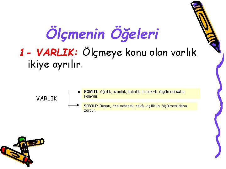 Ölçmenin Öğeleri 1 - VARLIK: Ölçmeye konu olan varlık ikiye ayrılır. VARLIK SOMUT: Ağırlık,