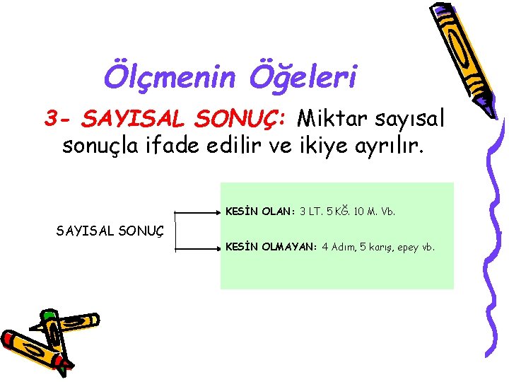 Ölçmenin Öğeleri 3 - SAYISAL SONUÇ: Miktar sayısal sonuçla ifade edilir ve ikiye ayrılır.