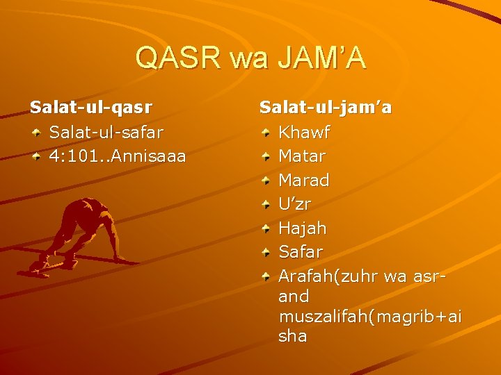 QASR wa JAM’A Salat-ul-qasr Salat-ul-safar 4: 101. . Annisaaa Salat-ul-jam’a Khawf Matar Marad U’zr