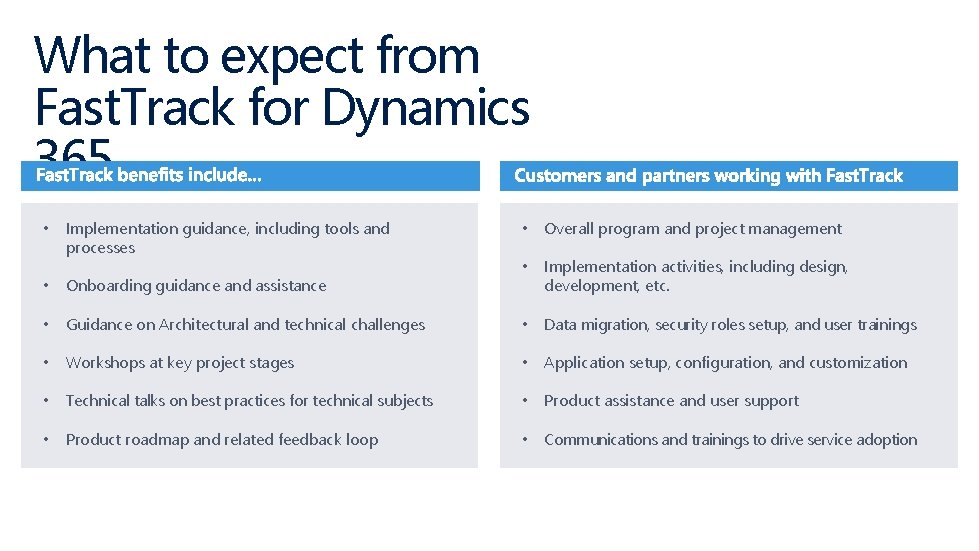 What to expect from Fast. Track for Dynamics 365 • Implementation guidance, including tools