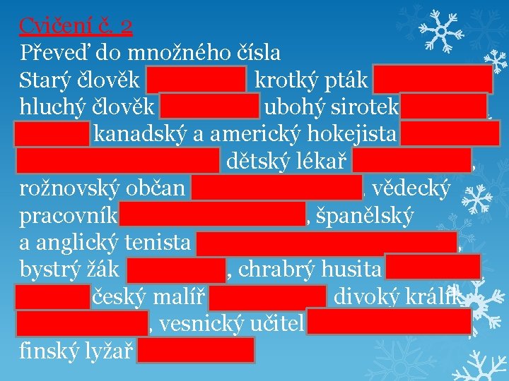 Cvičení č. 2 Převeď do množného čísla Starý člověk starší lidé, krotký pták krotcí