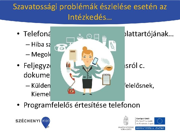 Szavatossági problémák észlelése esetén az Intézkedés… • Telefonálni a szolgáltató kapcsolattartójának… – Hiba szóbeli Szavatossági problémák észlelése esetén az Intézkedés… • Telefonálni a szolgáltató kapcsolattartójának… – Hiba szóbeli