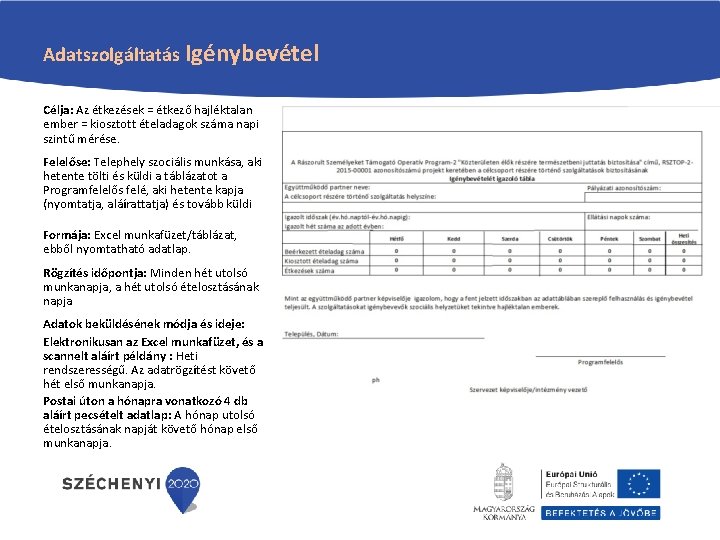 Adatszolgáltatás Igénybevétel Célja: Az étkezések = étkező hajléktalan ember = kiosztott ételadagok száma napi Adatszolgáltatás Igénybevétel Célja: Az étkezések = étkező hajléktalan ember = kiosztott ételadagok száma napi