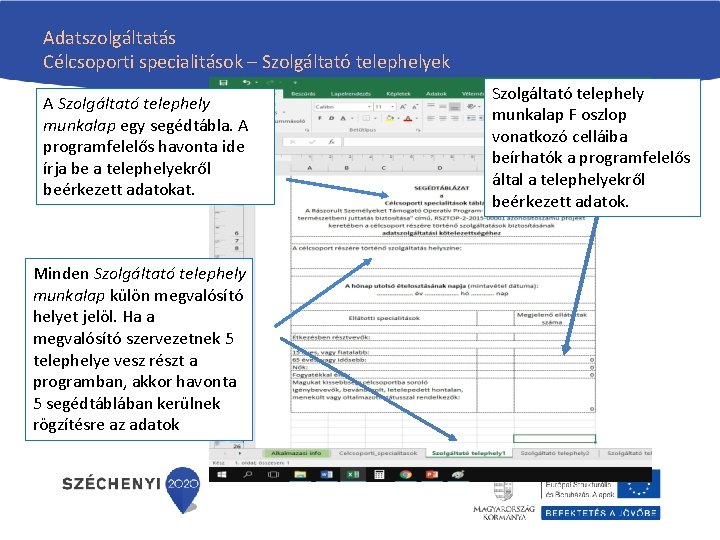 Adatszolgáltatás Célcsoporti specialitások – Szolgáltató telephelyek A Szolgáltató telephely munkalap egy segédtábla. A programfelelős Adatszolgáltatás Célcsoporti specialitások – Szolgáltató telephelyek A Szolgáltató telephely munkalap egy segédtábla. A programfelelős