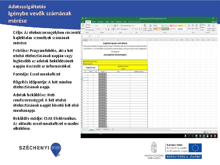 Adatszolgáltatás Igénybe vevők számának mérése Célja: Az élelmiszersegélyben részesülő hajléktalan személyek számának mérése. Felelőse: Adatszolgáltatás Igénybe vevők számának mérése Célja: Az élelmiszersegélyben részesülő hajléktalan személyek számának mérése. Felelőse:
