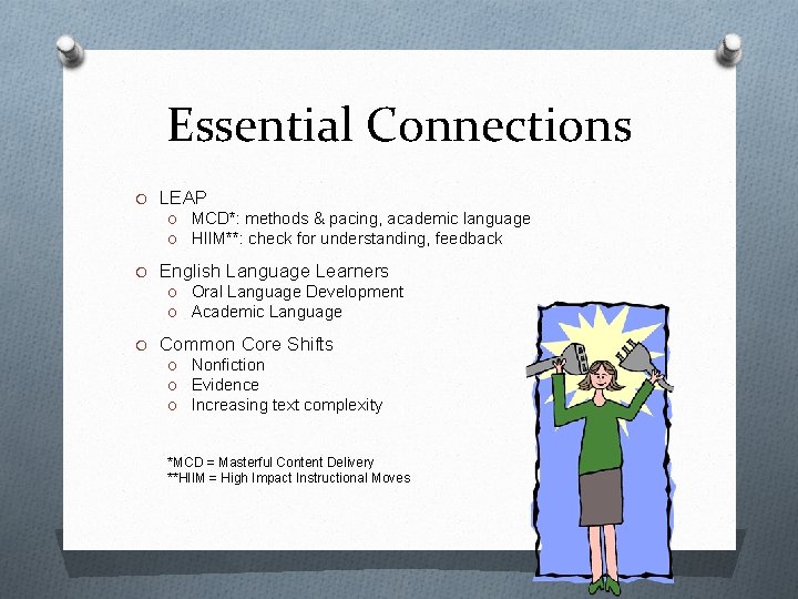 Essential Connections O LEAP O MCD*: methods & pacing, academic language O HIIM**: check