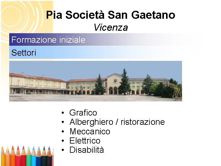 Pia Società San Gaetano Vicenza Formazione iniziale Settori • • • Grafico Alberghiero /