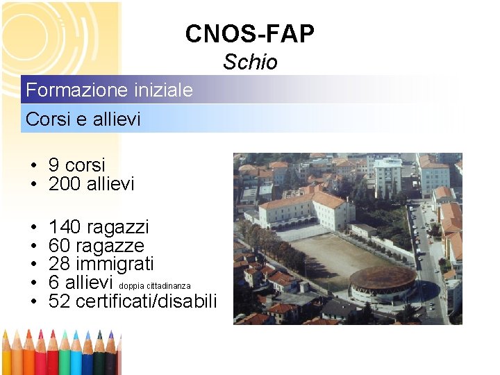 CNOS-FAP Schio Formazione iniziale Corsi e allievi • 9 corsi • 200 allievi •