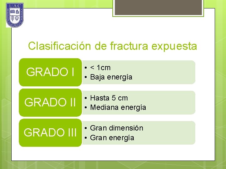 Clasificación de fractura expuesta GRADO I • < 1 cm • Baja energía GRADO