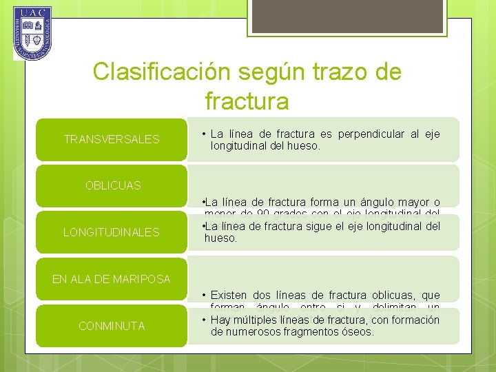 Clasificación según trazo de fractura TRANSVERSALES • La línea de fractura es perpendicular al