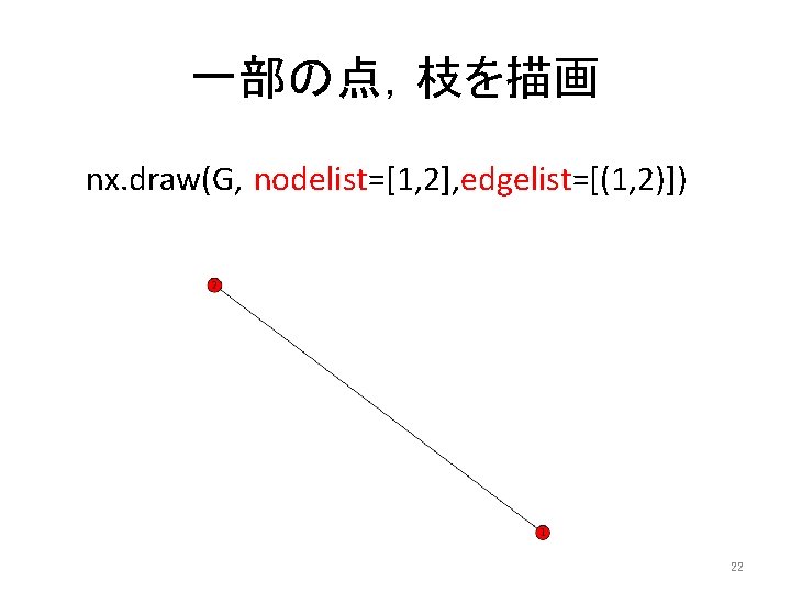 一部の点，枝を描画 nx. draw(G, nodelist=[1, 2], edgelist=[(1, 2)]) 22 