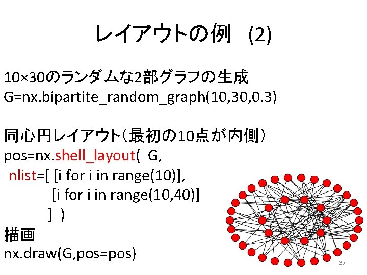 レイアウトの例　(2) 10× 30のランダムな 2部グラフの生成 G=nx. bipartite_random_graph(10, 30, 0. 3) 同心円レイアウト（最初の 10点が内側） pos=nx. shell_layout( G,