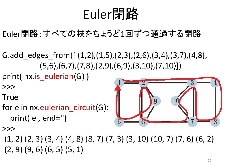 Euler閉路：すべての枝をちょうど 1回ずつ通過する閉路 G. add_edges_from([ (1, 2), (1, 5), (2, 3), (2, 6), (3, 4),