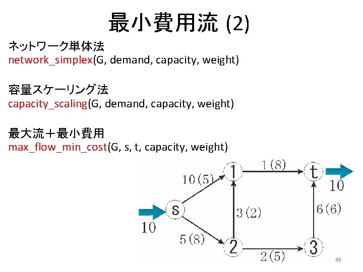 最小費用流 (2) ネットワーク単体法 network_simplex(G, demand, capacity, weight) 容量スケーリング法 capacity_scaling(G, demand, capacity, weight) 最大流＋最小費用 max_flow_min_cost(G,