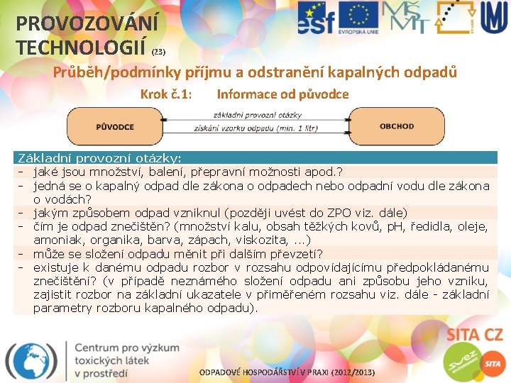 PROVOZOVÁNÍ TECHNOLOGIÍ (23) Průběh/podmínky příjmu a odstranění kapalných odpadů Krok č. 1: Informace od