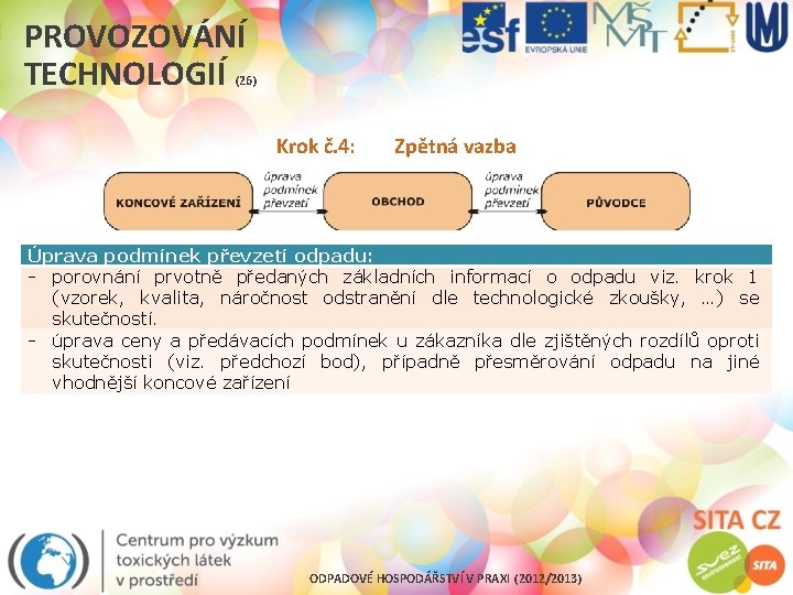 PROVOZOVÁNÍ TECHNOLOGIÍ (26) Krok č. 4: Zpětná vazba Úprava podmínek převzetí odpadu: - porovnání