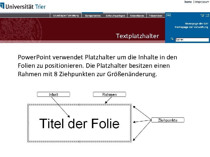 Textplatzhalter Power. Point verwendet Platzhalter um die Inhalte in den Folien zu positionieren. Die