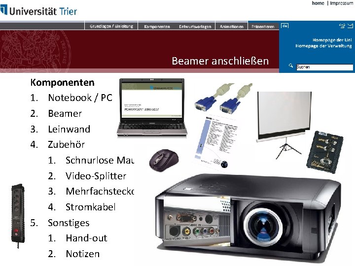 Beamer anschließen Komponenten 1. Notebook / PC 2. Beamer 3. Leinwand 4. Zubehör 1.