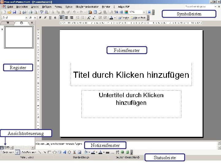 Symbolleisten Folienfenster Register Ansichtssteuerung Notizenfenster Statusleiste 