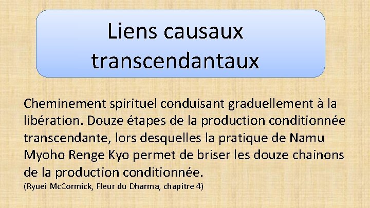 Liens causaux transcendantaux Cheminement spirituel conduisant graduellement à la libération. Douze étapes de la