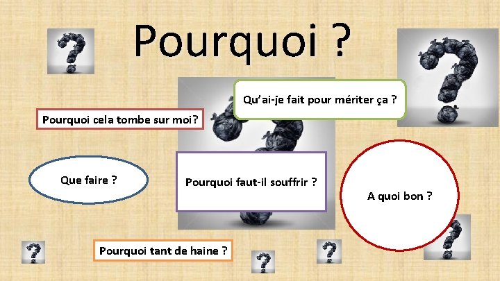 Pourquoi ? Qu’ai-je fait pour mériter ça ? Pourquoi cela tombe sur moi? Que