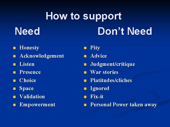 How to support Need Don’t Need n n n n Honesty Acknowledgement Listen Presence