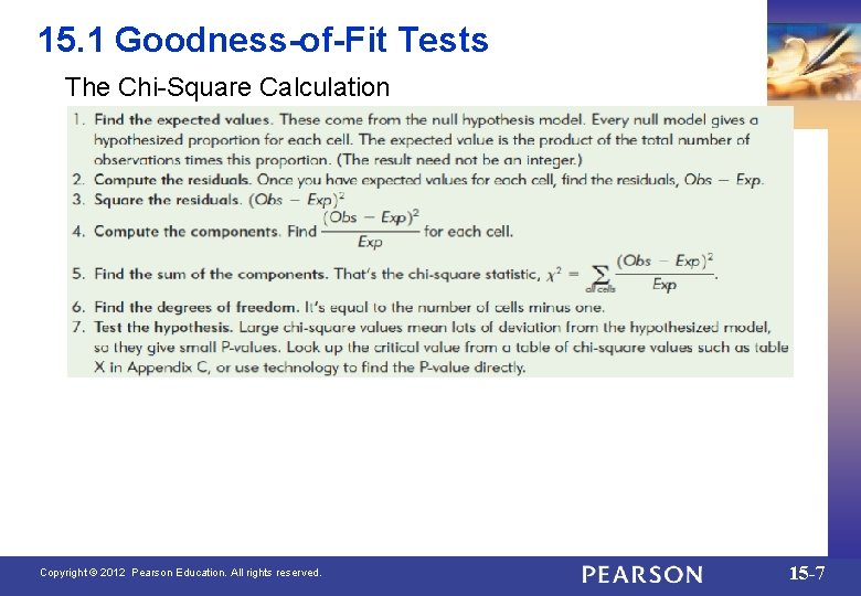 15. 1 Goodness-of-Fit Tests The Chi-Square Calculation Copyright © 2012 Pearson Education. All rights