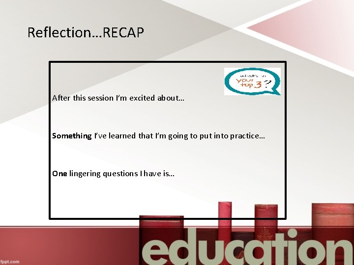 Reflection…RECAP After this session I’m excited about… Something I’ve learned that I’m going to