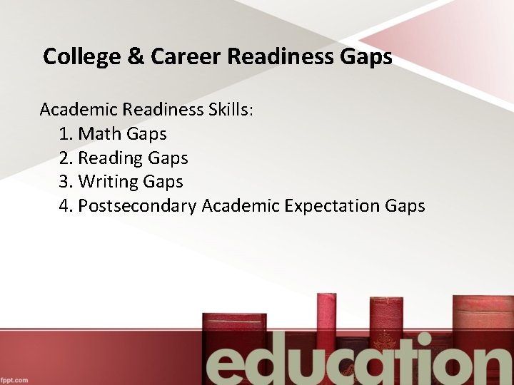 College & Career Readiness Gaps Academic Readiness Skills: 1. Math Gaps 2. Reading Gaps