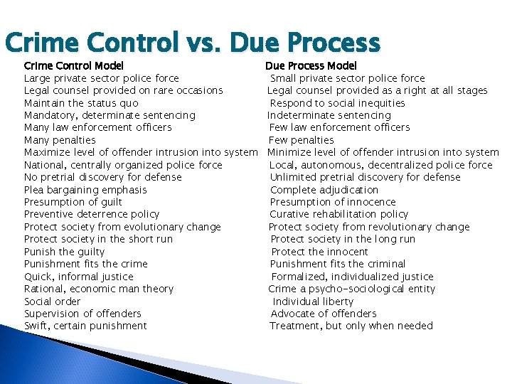 Crime Control vs. Due Process Crime Control Model Large private sector police force Legal